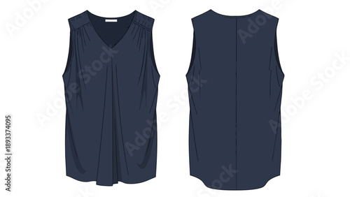 Versatile women's dark blue v-neck sleeveless top technical fashion flat sketch with front and back views