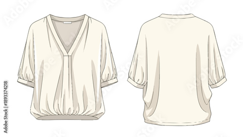 Technical flat drawing of a women's casual v-neck blouson blouse with gathered sleeves and hem, front and back views