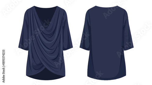 Stylish navy blue draped women's top with three-quarter sleeves shown front and back views. Perfect for modern, elegant, versatile fashion.