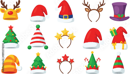Christmas holiday hats and festive headwear icons collection vector illustration set