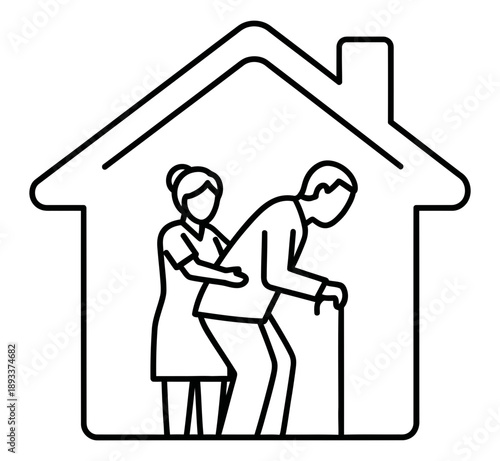 Caring professional assisting an elderly man with a cane inside a house, symbolizing dedicated home care, senior support, and assisted living services for aging individuals