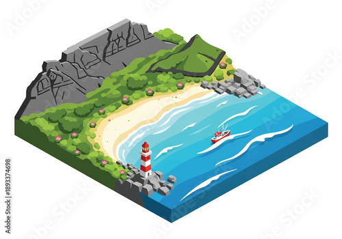 Isometric 3D view illustration of a Cape-inspired coastal peninsula with cliffs, beaches, and expansive sea scenery