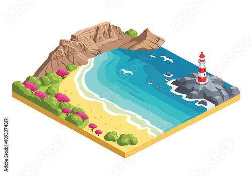 Isometric 3D view illustration of a Cape-inspired coastal peninsula with cliffs, beaches, and expansive sea scenery