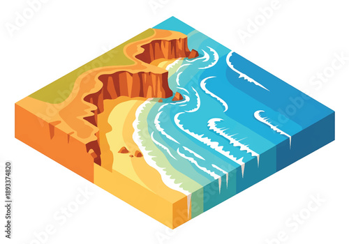 Isometric 3D view illustration of a Cape-inspired coastal peninsula with cliffs, beaches, and expansive sea scenery