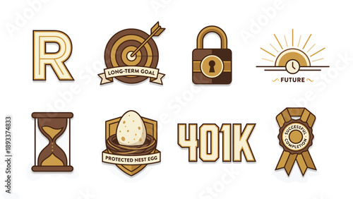 Retirement Planning & Financial Future Icons Set: 401K, Nest Egg, Long-Term Goals, Security, Investment