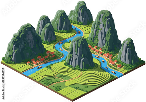 Isometric 3D view illustration of a Vietnam-inspired karst valley with limestone hills, rivers, boats, rice fields, and rural settlements