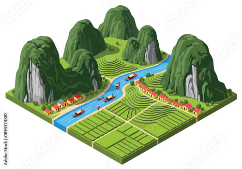 Isometric 3D view illustration of a Vietnam-inspired karst valley with limestone hills, rivers, boats, rice fields, and rural settlements