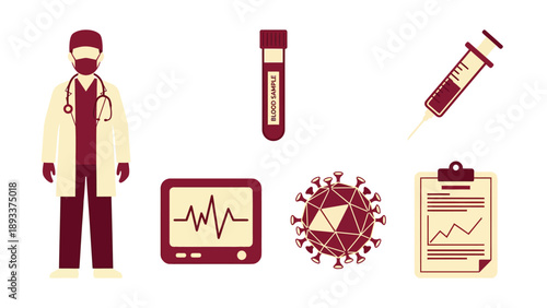 Healthcare and Medical Diagnostics Icon Set: Doctor, Virus, Blood Test, Syringe, ECG, and Report