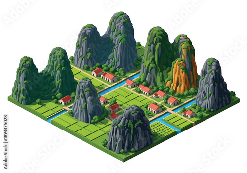 Isometric 3D view illustration of a Vietnam-inspired karst valley with limestone hills, rivers, boats, rice fields, and rural settlements
