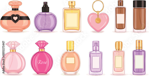 Elegant perfume bottle collection cosmetic fragrance packaging vector illustration set for beauty branding