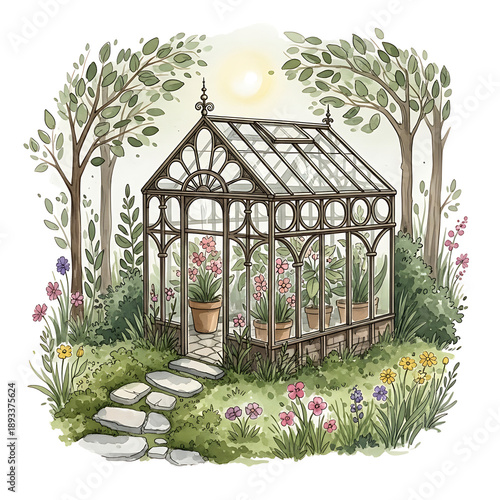 Hand drawn botanical greenhouse illustration surrounded by flowers plants and garden elements representing sustainable gardening lifestyle