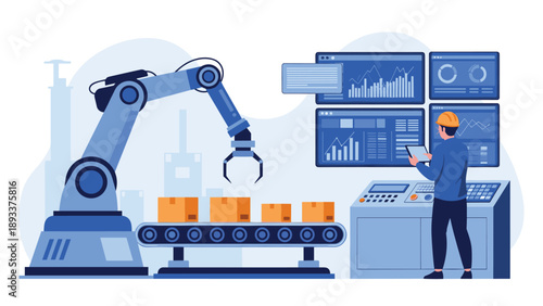 Modern automated manufacturing process features a robotic arm on a conveyor belt while a technician monitors production data on screens.