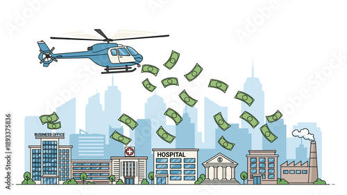 Helicopter flies over a cityscape dropping cash money into various buildings like a hospital, bank, and business office for economic aid.