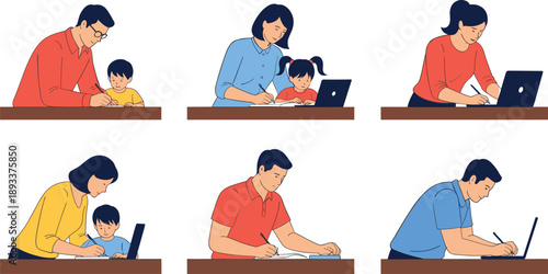 Parents helping children study and adults working at desk flat vector illustration setParents helping children study and adults working at desk flat vector illustration set