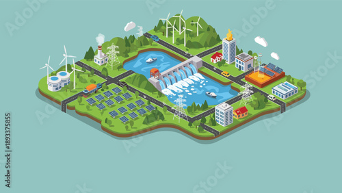 Green city landscape uses renewable energy sources like wind turbines and solar panels to power a modern and sustainable urban environment.