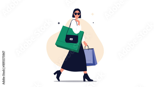 Stylish woman wearing sunglasses walks confidently while carrying several large and colorful shopping bags from a luxury boutique store.