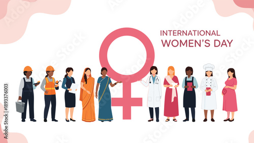 Group of diverse women from many professions stand together in front of a large pink female symbol for International Womens Day celebration.
