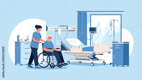 Caring nurse pushes an elderly man in a wheelchair through a modern, clean hospital room equipped with a medical bed and monitors.