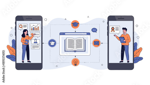 Digital learning concept depicts a teacher and a student interacting through phone screens with a large book and educational icons.