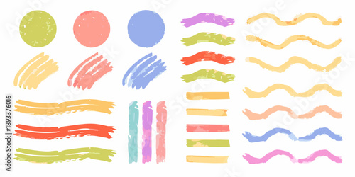 Colorful brushstroke and doodle shapes arranged in neat rows