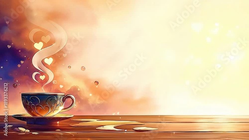 An animated coffee cup with rising heart-shaped steam. Romantic illustration of a hot drink for Valentine's Day. Love and affection concept with copy space for text