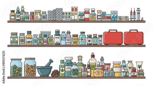 Long pharmacy shelves are organized with rows of different medicine bottles, pills, medical kits, and pharmaceutical supplies for sale.