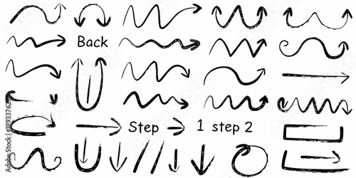 Collection of hand drawn arrows and lines illustrating movement direction