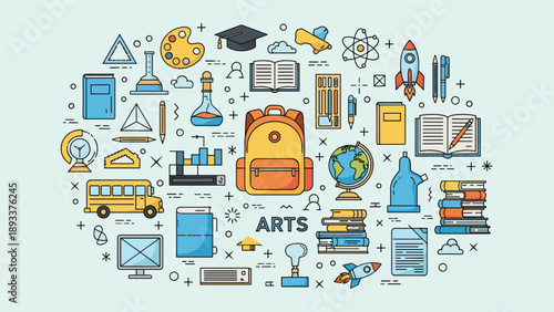 Education concept illustration features a backpack in the center surrounded by icons for school, science, geography, arts, and music lessons.