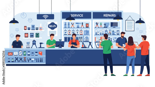 Busy electronics repair shop features technicians at the service counter while customers browse mobile phones and gadgets in the store.