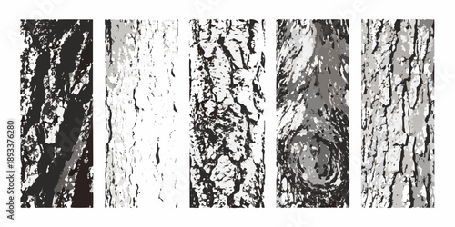 Five vertical illustrations depicting varying textures of tree bark