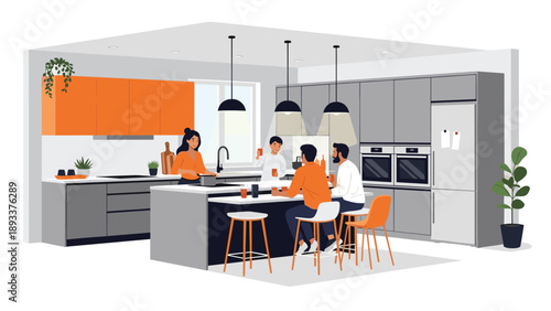 Modern kitchen with an island features a family sitting together on stools and talking while a woman prepares a meal at the counter.