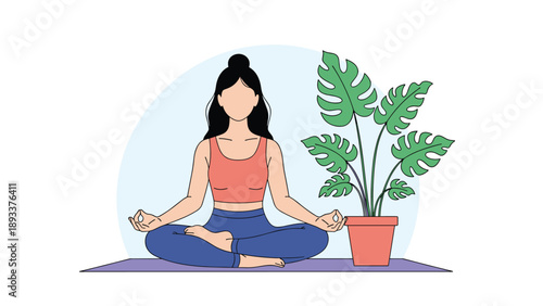 Peaceful woman sitting in a lotus yoga pose practicing meditation at home next to a green monstera plant for mental health.