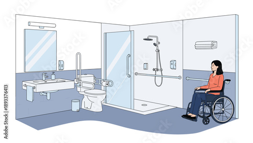 Modern bathroom designed for accessibility featuring a woman in a wheelchair using the space equipped with various safety handrails.
