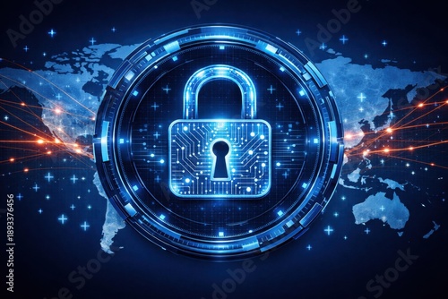 A glowing digital padlock icon representing data security and global network protection is displayed prominently over a dark world map background with interconnected light trails.