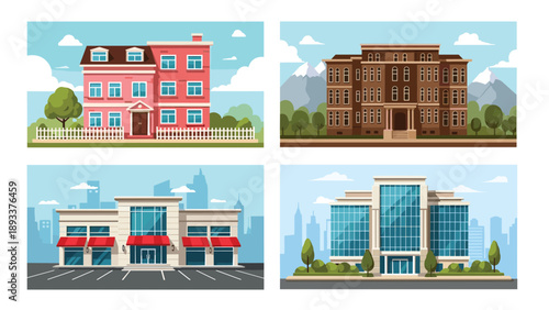 Set of four diverse building designs including residential houses and modern commercial office blocks in various architectural styles.