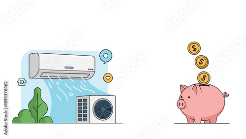 Energy efficient air conditioning unit next to a pink piggy bank with gold coins representing money savings on utility bills.