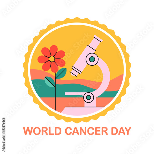 World Cancer Day Medical Research Flat Illustration with Microscope and Flower in Yellow Circular Frame