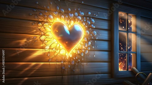 A glowing heart pulsates with warm light on a rustic wooden wall. Romantic animation for Valentine's Day. Love and affection concept