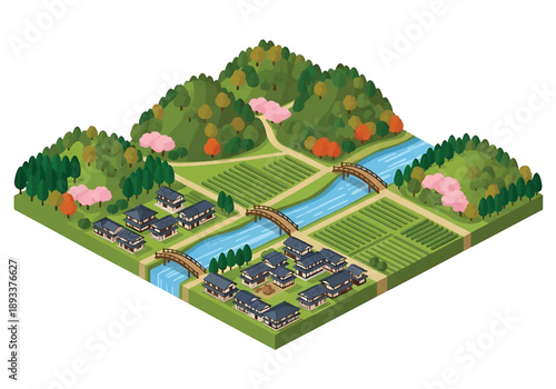 Isometric 3D view illustration of a countryside landscape inspired by Kyoto, featuring rivers, bridges, farmland, hills, traditional houses, and peaceful rural scenery in vector style