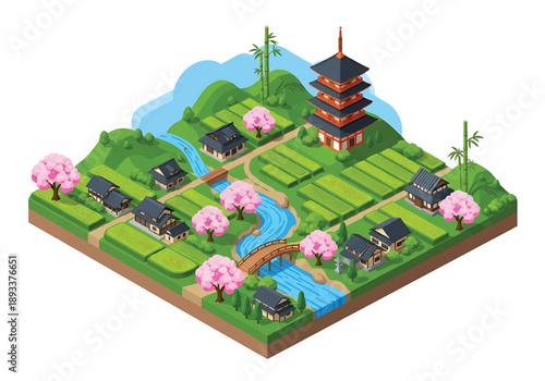 Isometric 3D view illustration of a countryside landscape inspired by Kyoto, featuring rivers, bridges, farmland, hills, traditional houses, and peaceful rural scenery in vector style