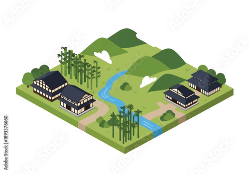 Isometric 3D view illustration of a countryside landscape inspired by Kyoto, featuring rivers, bridges, farmland, hills, traditional houses, and peaceful rural scenery in vector style