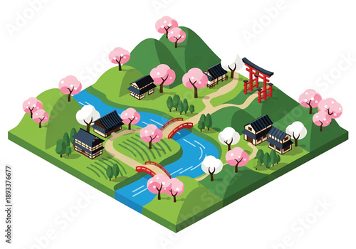 Isometric 3D view illustration of a countryside landscape inspired by Kyoto, featuring rivers, bridges, farmland, hills, traditional houses, and peaceful rural scenery in vector style