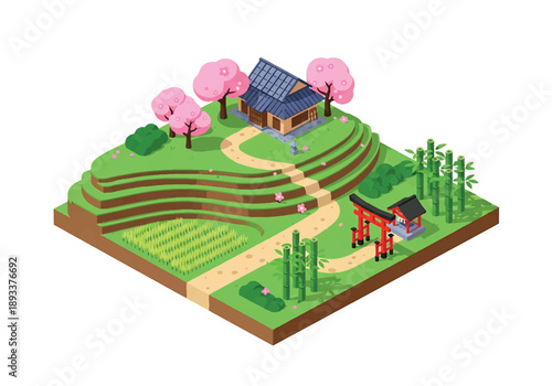 Isometric 3D view illustration of a countryside landscape inspired by Kyoto, featuring rivers, bridges, farmland, hills, traditional houses, and peaceful rural scenery in vector style