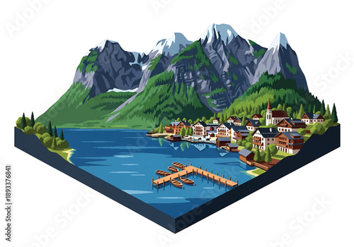 Isometric 3D view illustration of an alpine lake town landscape with calm water, surrounding mountains, forests, docks, small houses, and peaceful travel scenery in vector style