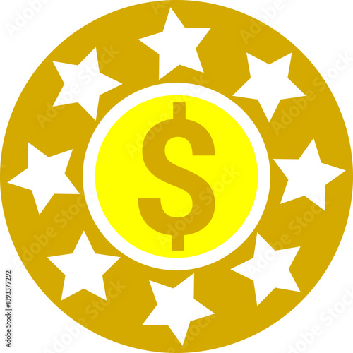 Premium Golden Dollar Sign Coin Icon with Star Border Circular Financial Token for Cryptocurrency Wealth Banking and Global Investment Concept Design