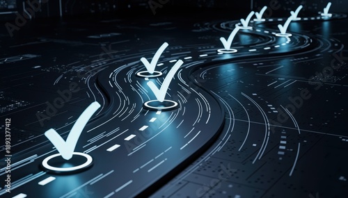 Journey to Success: A digital illustration depicts a winding road with check marks, symbolizing milestones and progress on a journey toward accomplishment.