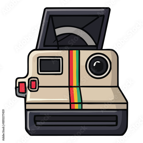 Retro instant camera, vintage design with colorful stripes, a classic photography device