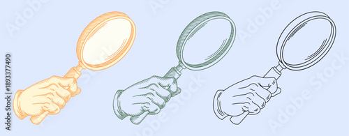 set of a hand holding a magnifying glass, rendered in engraving style.Symbolizes quality assurance, anomaly detection, industrial inspection, and secret investigation.for medical audit,detective theme