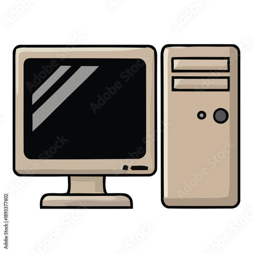Retro beige computer system with CRT monitor and desktop tower, vintage technology illustration
