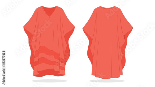 Vibrant coral kaftan tunic flat vector fashion illustration showcasing front and back views minimal design